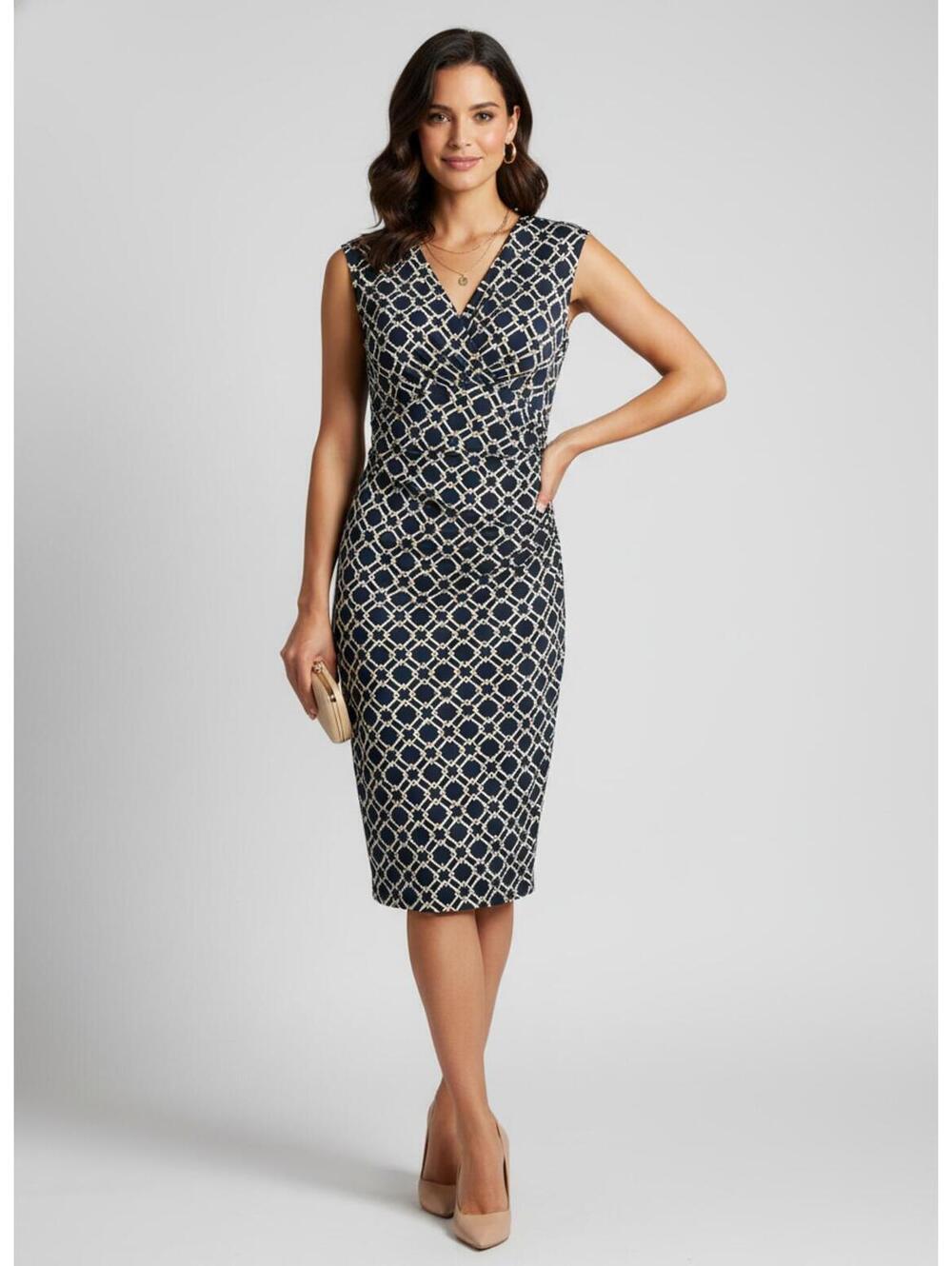 Lauren Ralph Lauren Navy Blue and White Patterned Faux Wrap Midi Dress Size 14
